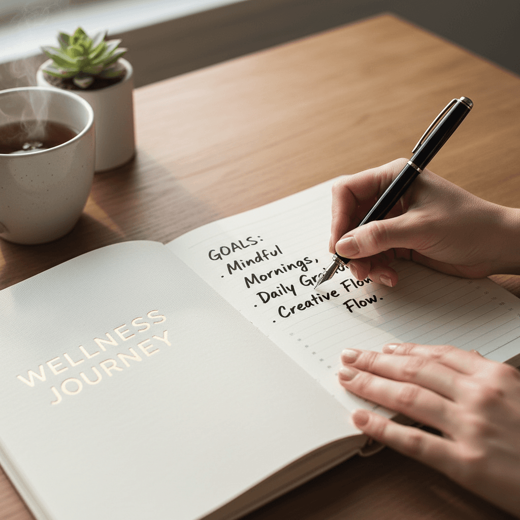 Close-up of a woman writing notes in a wellness journal at a desk