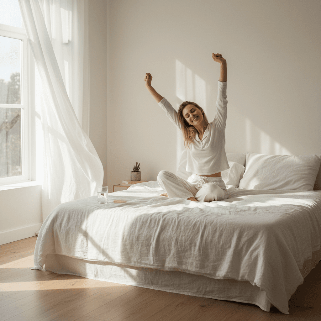 Woman stretching awake in a bright, sunlit bedroom