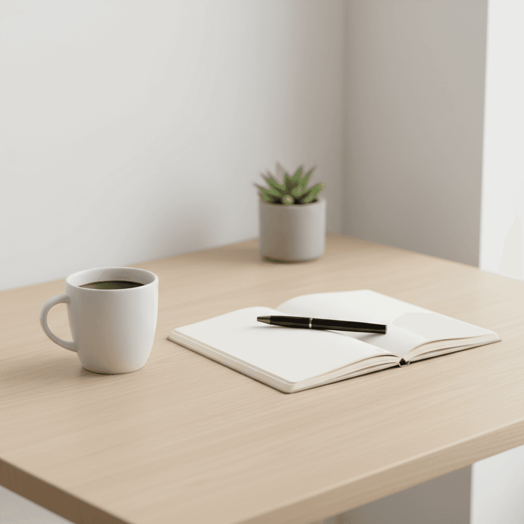 Clean minimalist desk with a notebook and coffee cup