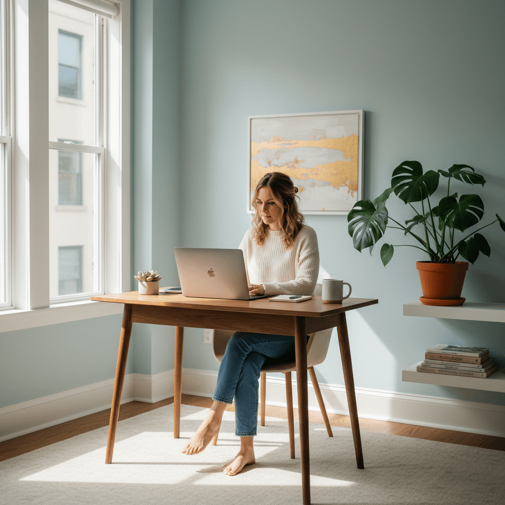 Woman working on a laptop in a bright home office