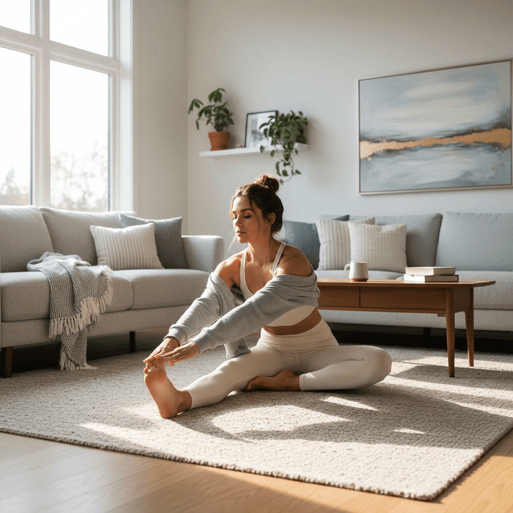 Woman stretching in comfortable athleisure wear in a bright living room