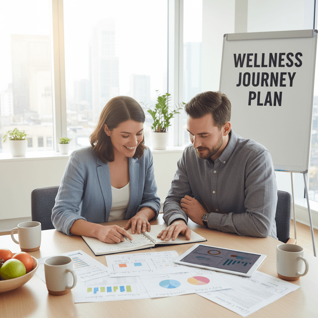 Wellness coach and client reviewing notes together in a bright office