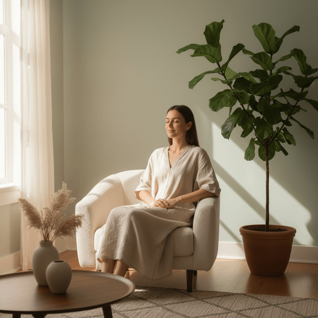 Woman sitting calmly in a peaceful room with soft lighting and a plant