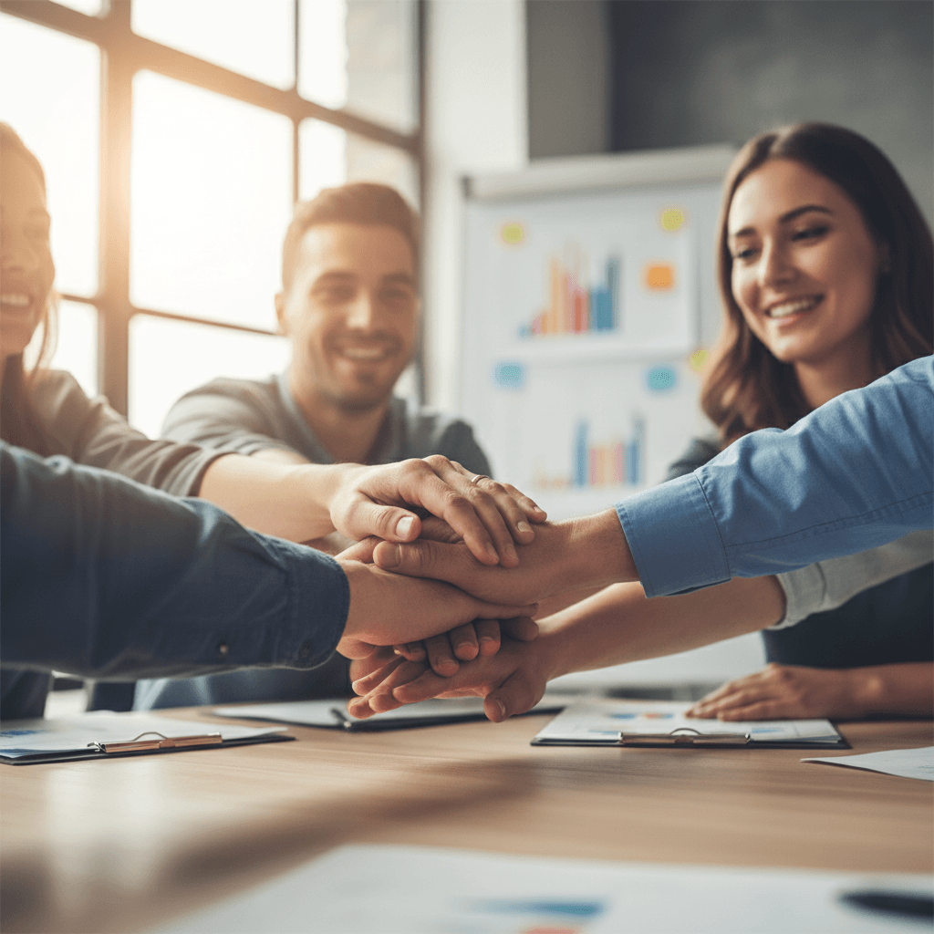 Supportive team meeting with hands stacked together