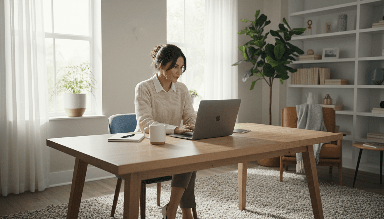 Woman working from a bright home office with a laptop and coffee