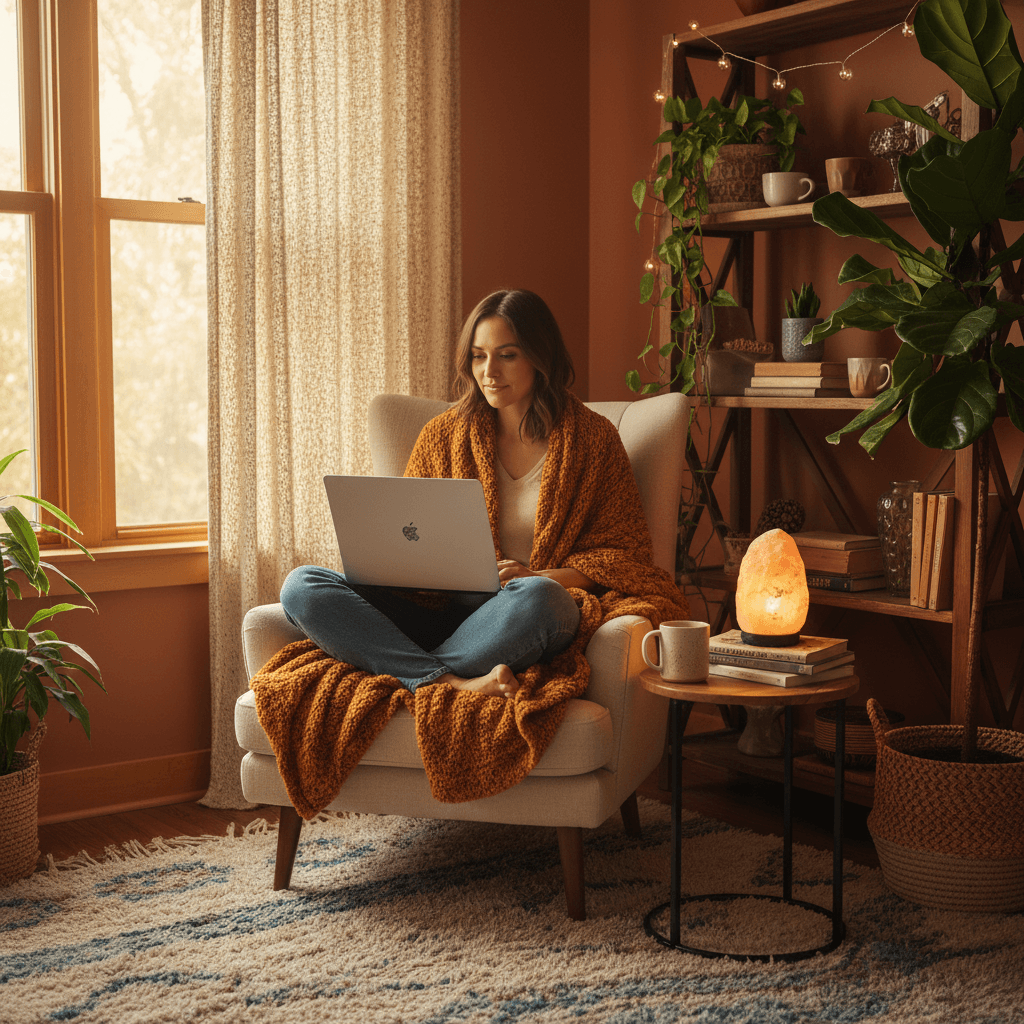 Woman sitting calmly with a laptop in a warm cozy workspace