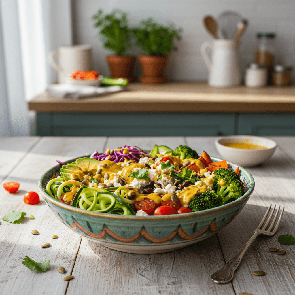 Colorful healthy meal bowl with fresh vegetables on a wooden table