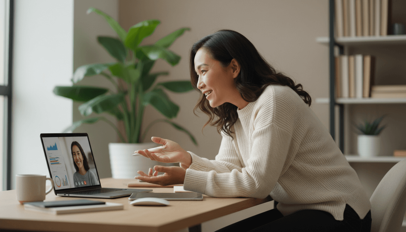 Professional mentor gesturing while explaining concepts during personalized one-on-one virtual mentorship session with laptop visible