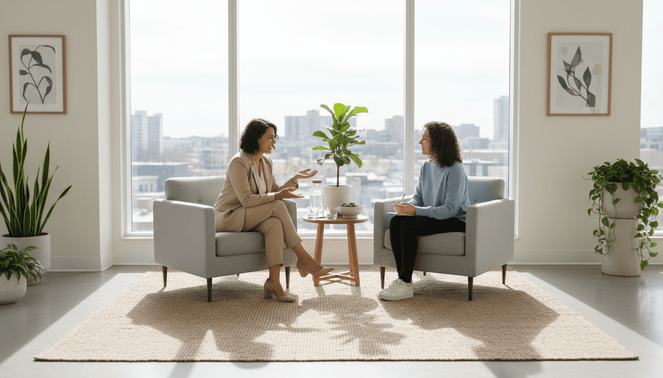 Modern wellness consultation office with natural light, comfortable seating, and a consultant engaged with a client in supportive conversation.
